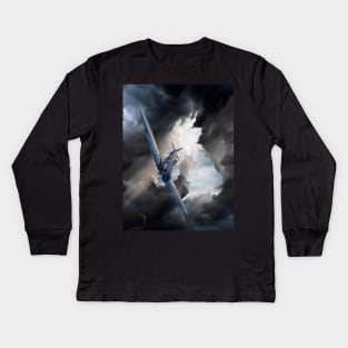 Spitfire Aircraft surrounded by dark clouds Kids Long Sleeve T-Shirt